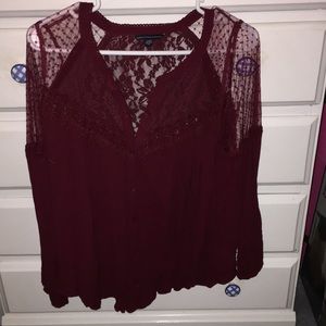 Burgundy Mesh/Lace Detail Blouse